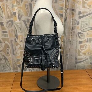 PRADA Soft Calf Black Leather Studded Bucket Bag Red Leather Interior
